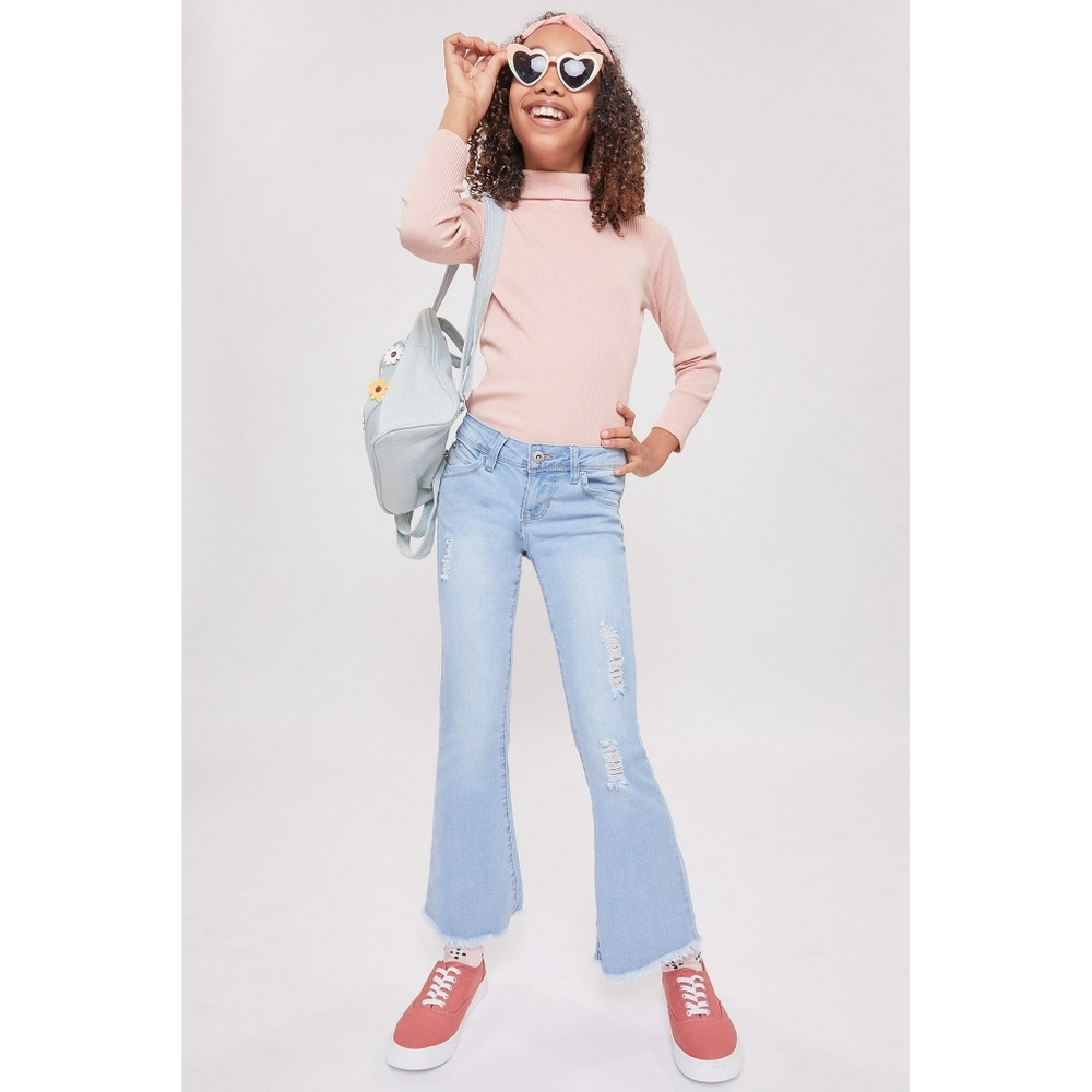 YMI Girls Mid Rise Distressed Hem Flared Jeans